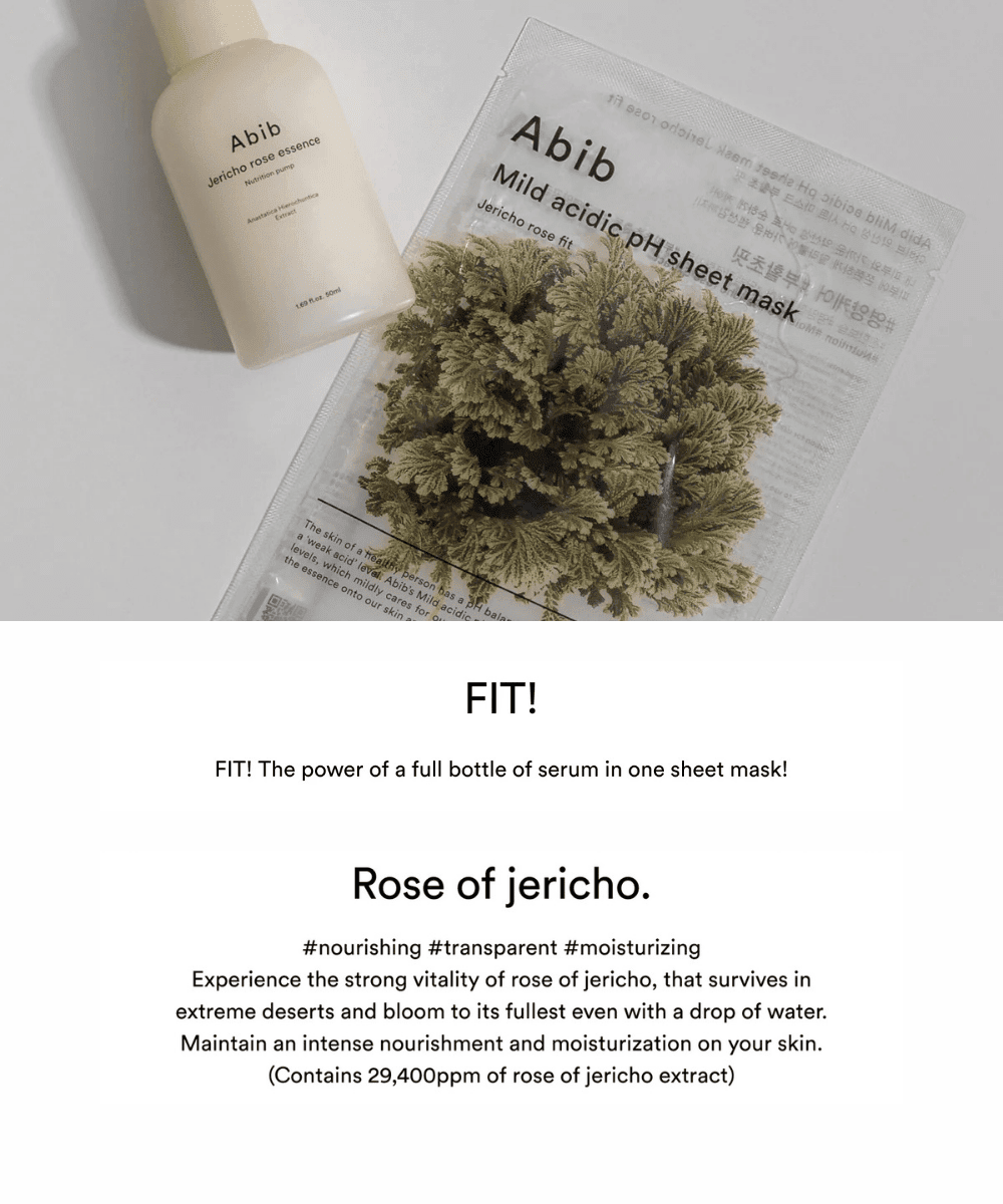 Abib Mild acidic pH sheet mask Jericho rose fit Korean Skincare | VELVET GLOW